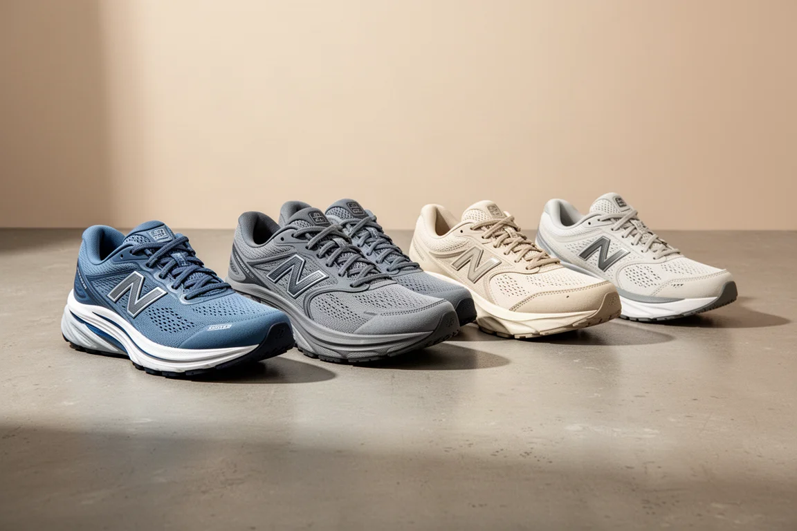 Five everyday running shoes from different brands arranged in a row on concrete