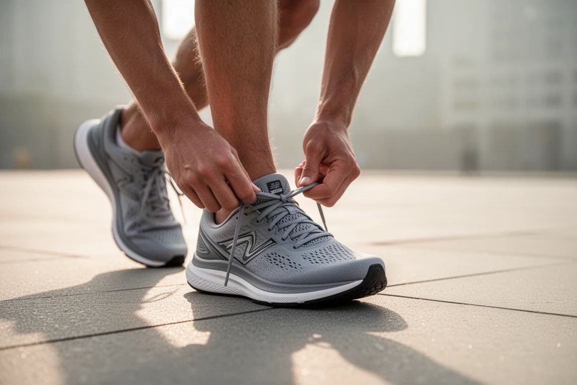 Runner lacing up a lightweight daily trainer on a sunlit city pavement