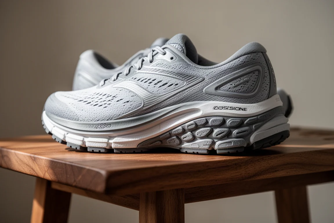 Close-up of a simple running shoe midsole showing cushioning stack