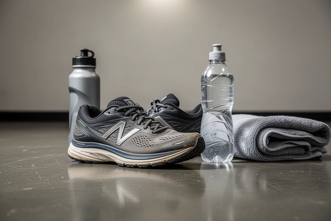 High-mileage running shoe resting on a gym floor after a long run