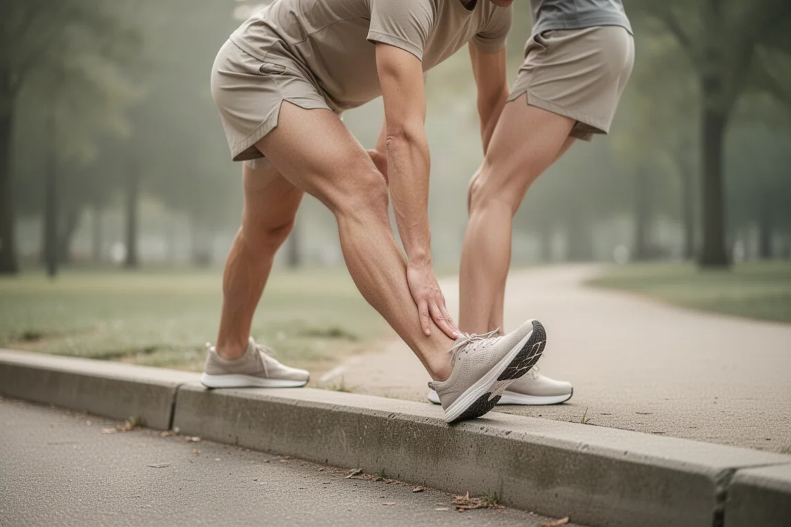 Hardlooper die kuiten strekt op een stoeprand voor een rustige training