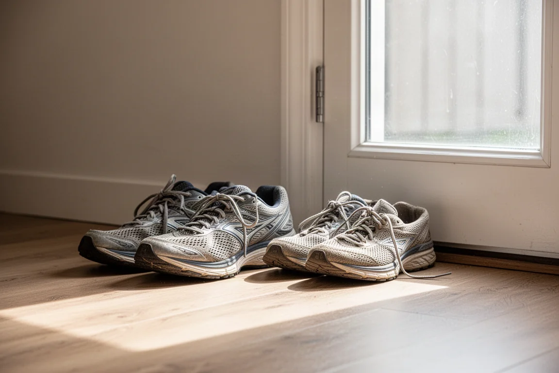 Alledaagse hardloopschoenen naast een deuropening na een training