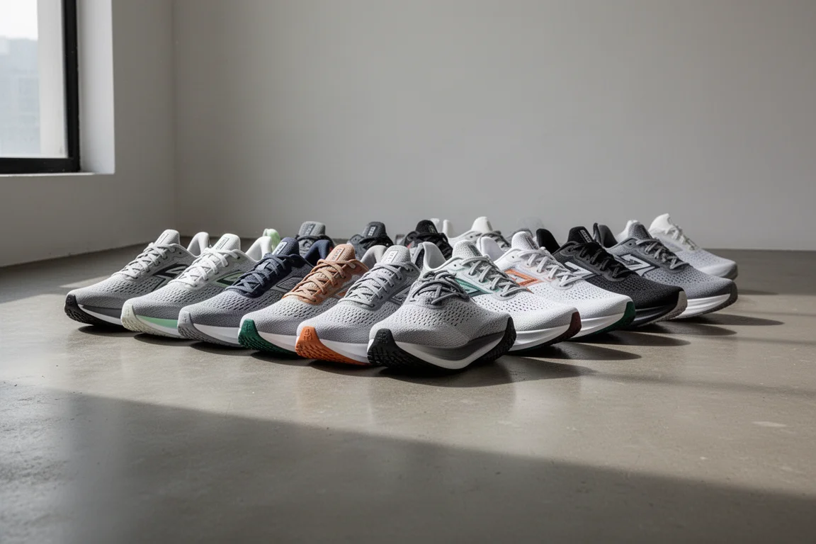 Ten running shoes lined up on a concrete studio floor