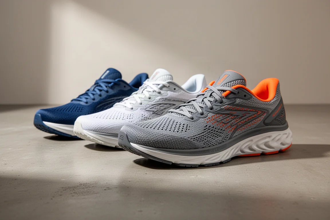 Five daily trainer running shoes in muted colors arranged on a concrete surface