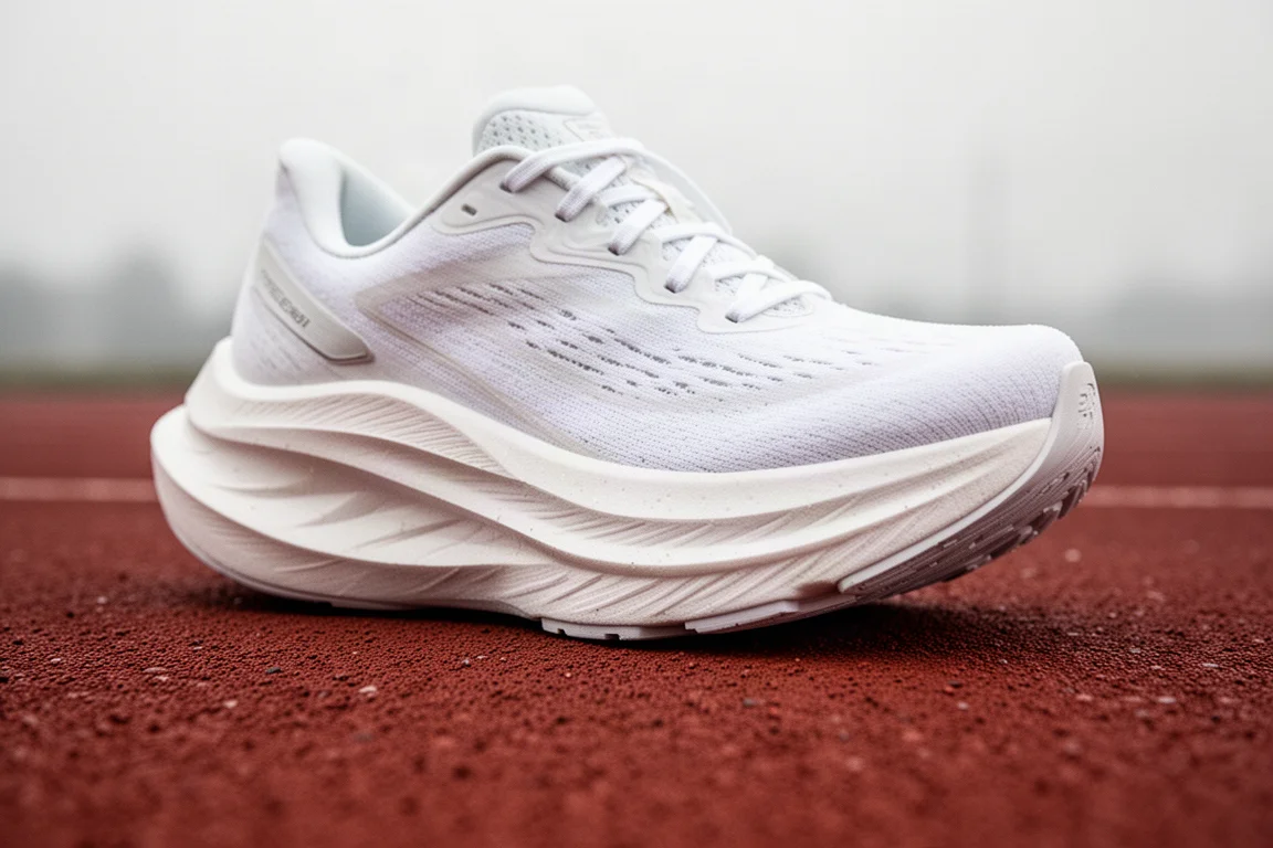 Primo piano di una intersuola ammortizzata di scarpa da running su una pista
