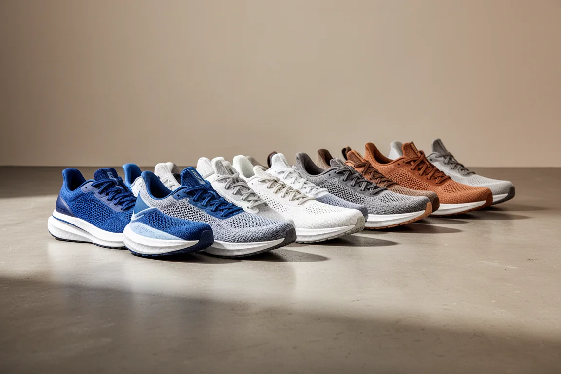 Row of ten modern running shoes on a concrete studio floor