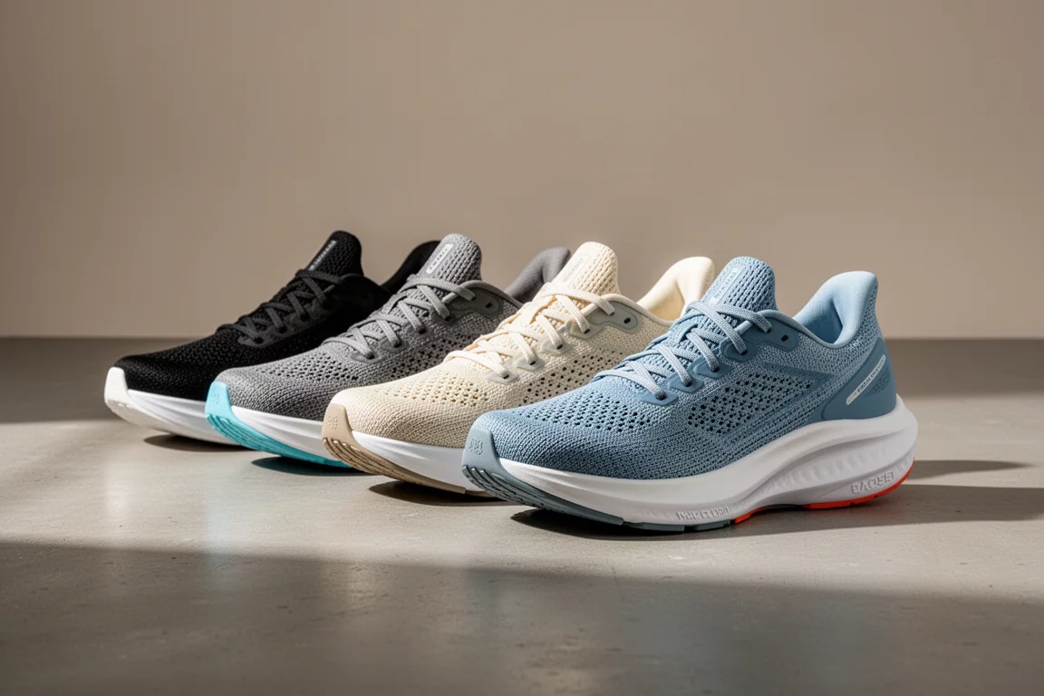Lineup of modern max-cushion running shoes on a concrete studio floor