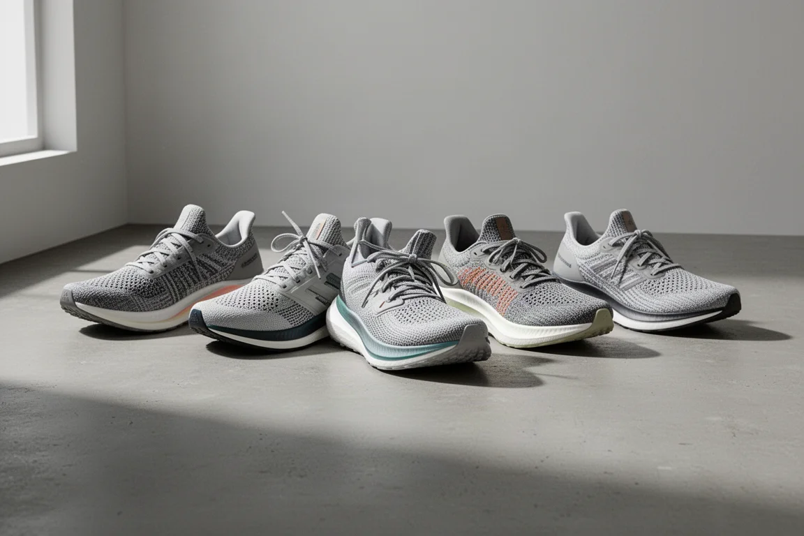 Five running shoes arranged in a row on a concrete floor