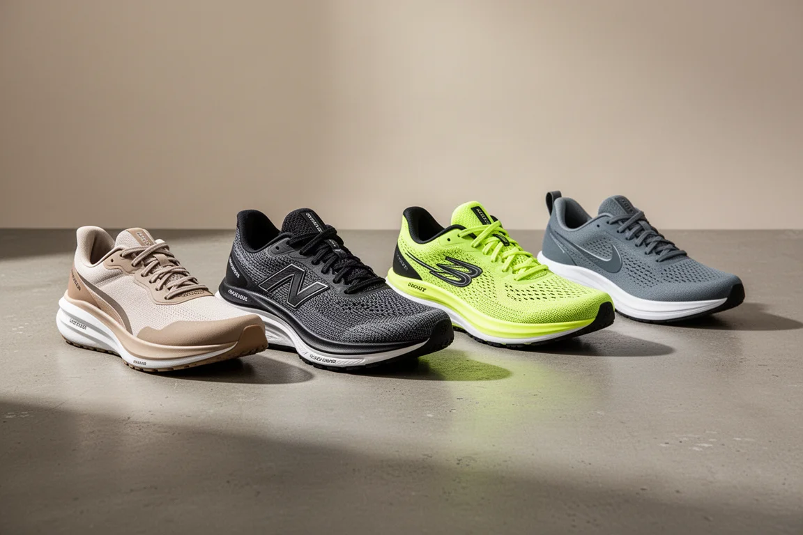 Five different running shoes arranged in a row on a concrete studio surface