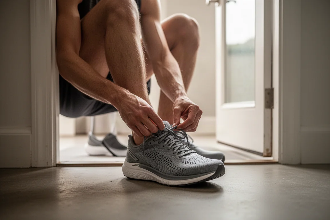 Runner che allaccia una scarpa da running ammortizzata davanti a una porta