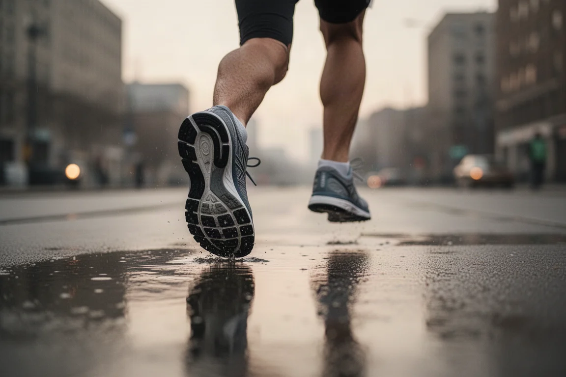 Piedi di un runner a metà falcata su un marciapiede cittadino bagnato