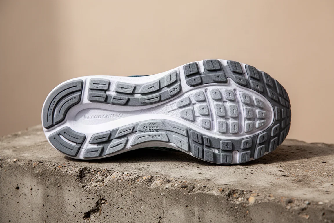 Dettaglio della suola esterna di una scarpa da running con battitura su cemento