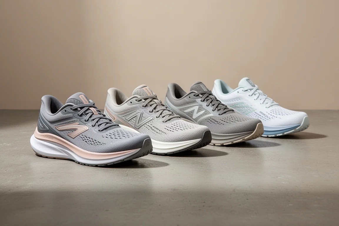 Fünf Daily-Running-Trainer auf einer Betonoberfläche arrangiert