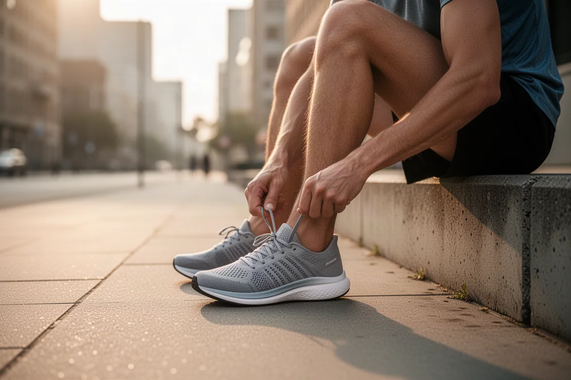 Läufer schnürt auf einer Haustürschwelle einen Laufschuh vor dem Morgenlauf