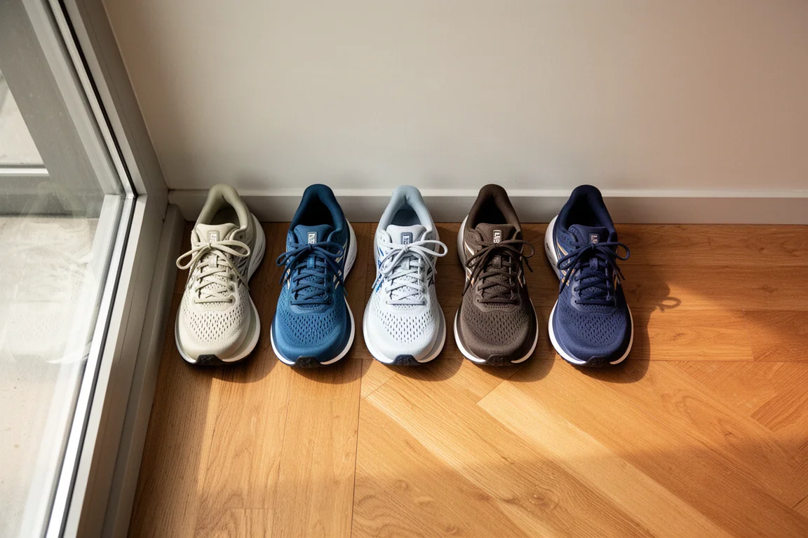 Reihe von Laufschuhen auf einem Regal in einem Fachgeschäft für Laufsport