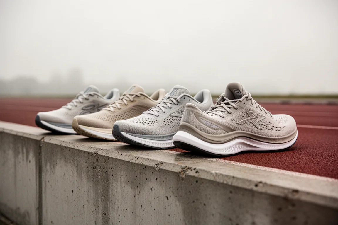 Four daily trainer shoes side by side on a concrete running track edge