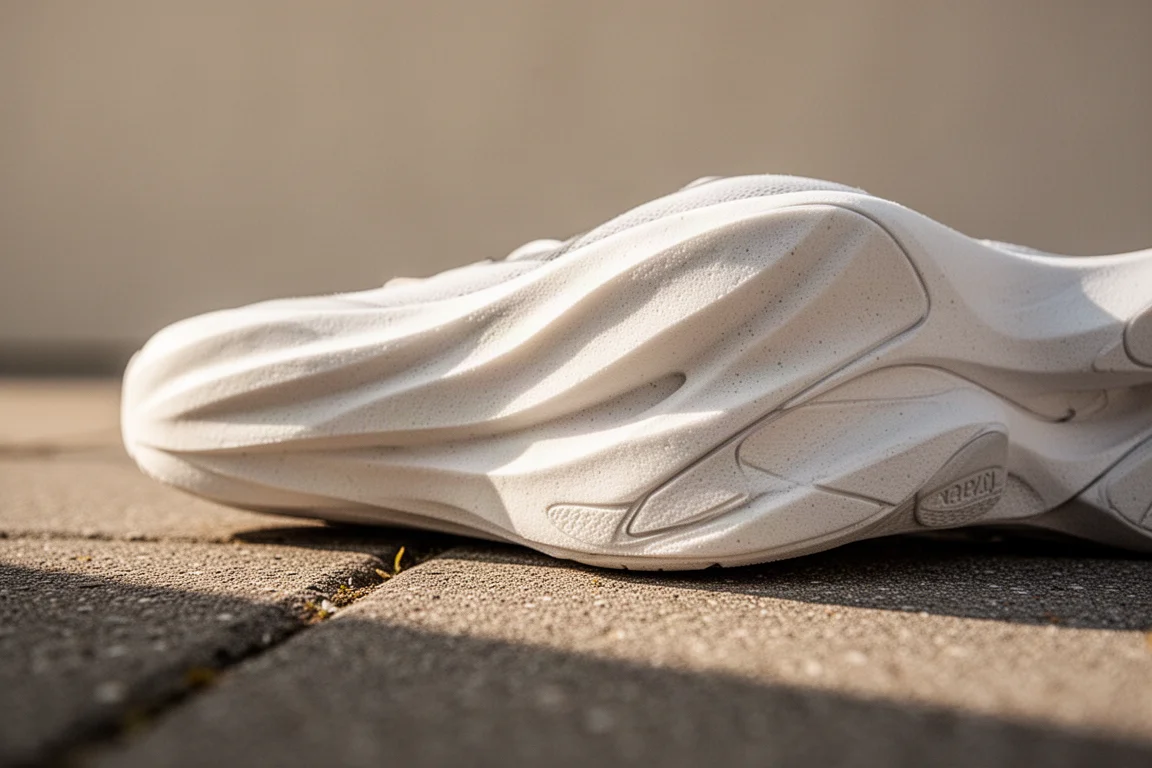 Close-up of a foam midsole flexing underfoot on a sunlit pavement