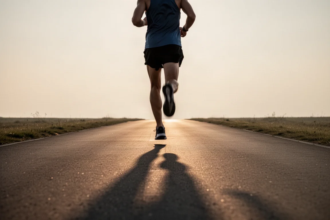 Runner starting a tempo run on an empty tarmac path at golden hour