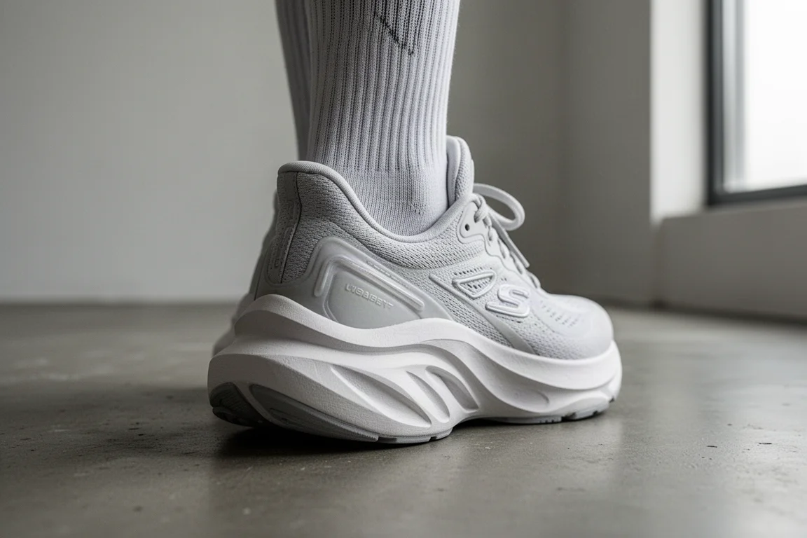 Heel detail of a tall-cushioned running shoe midsole on brushed concrete