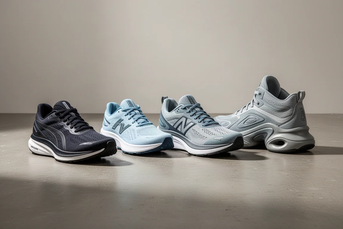 Four daily trainer running shoes arranged in a row on a concrete surface
