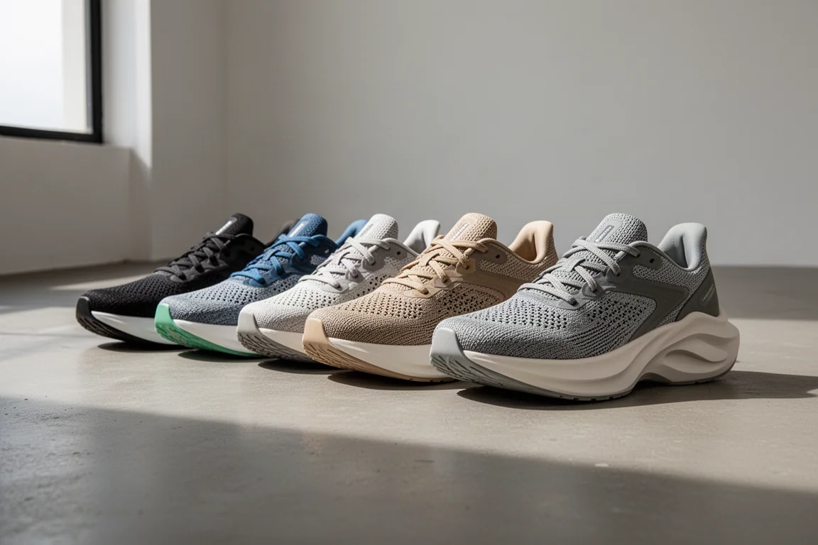 Five modern running shoes lined up on a concrete studio floor