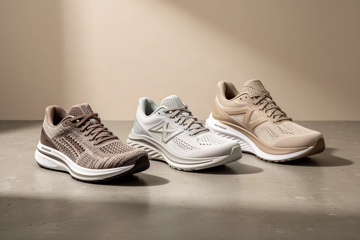 Three running shoes arranged on a matte concrete surface in editorial lighting