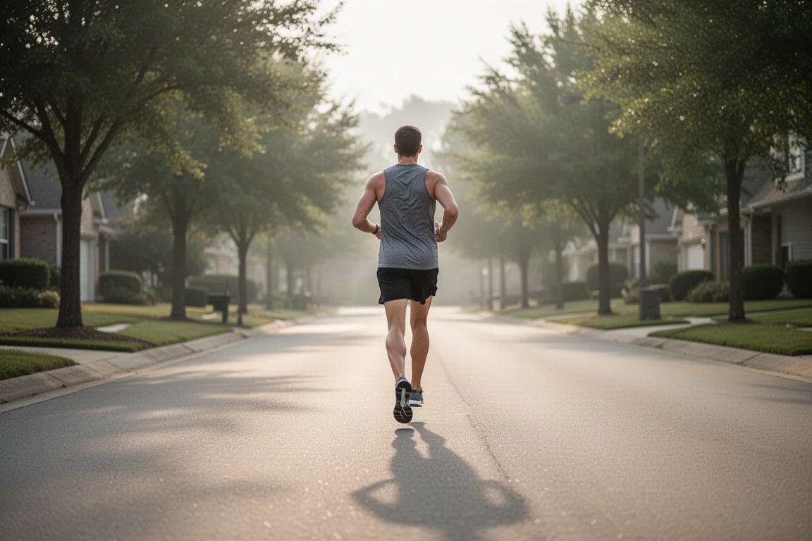 Runner che accumula chilometri facili su asfalto suburbano con luce soffusa