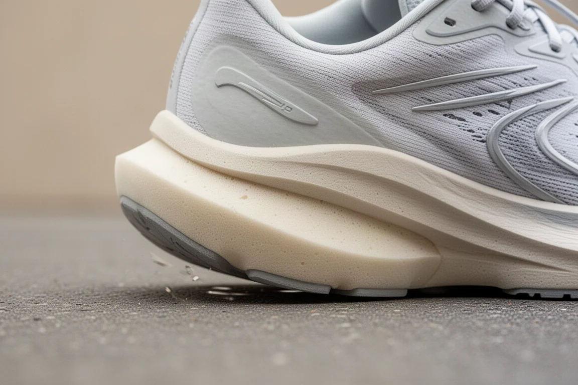 Primo piano della midsole ammortizzata di una scarpa da running che si comprime sull'asfalto