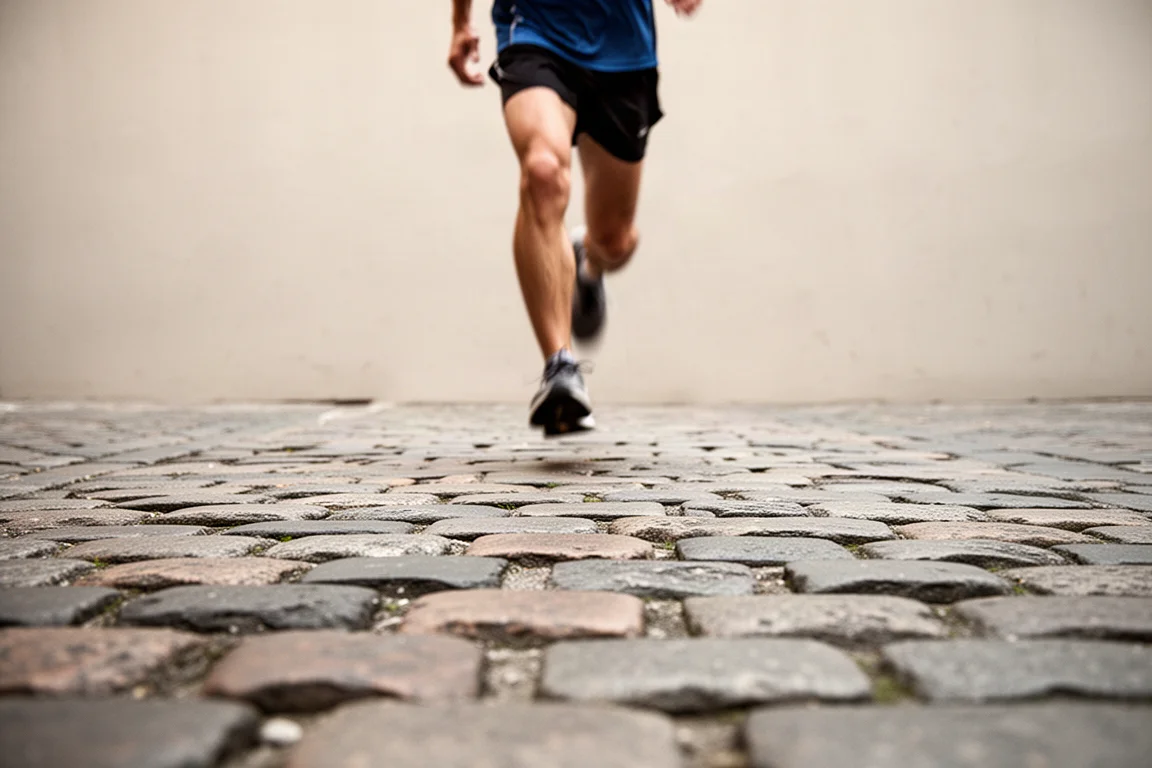 Runner che svolta in una strada cittadina acciottolata con una scarpa dal cushioning morbido