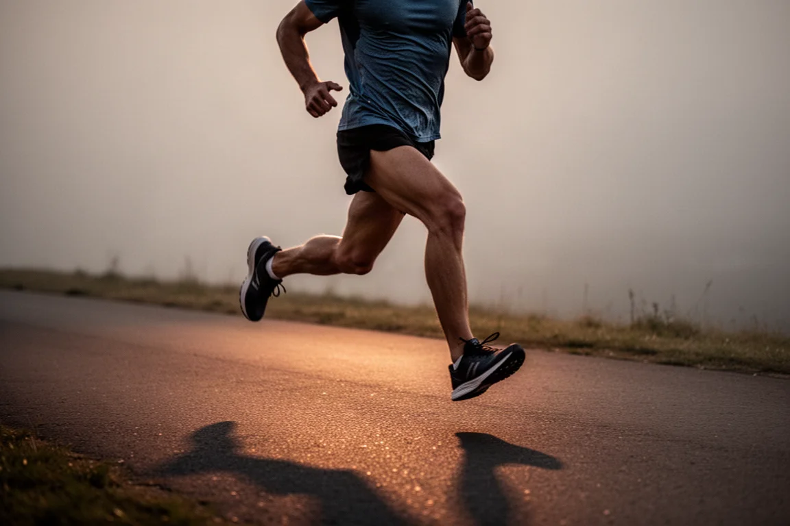 Runner che accelera su un percorso asfaltato liscio al tramonto