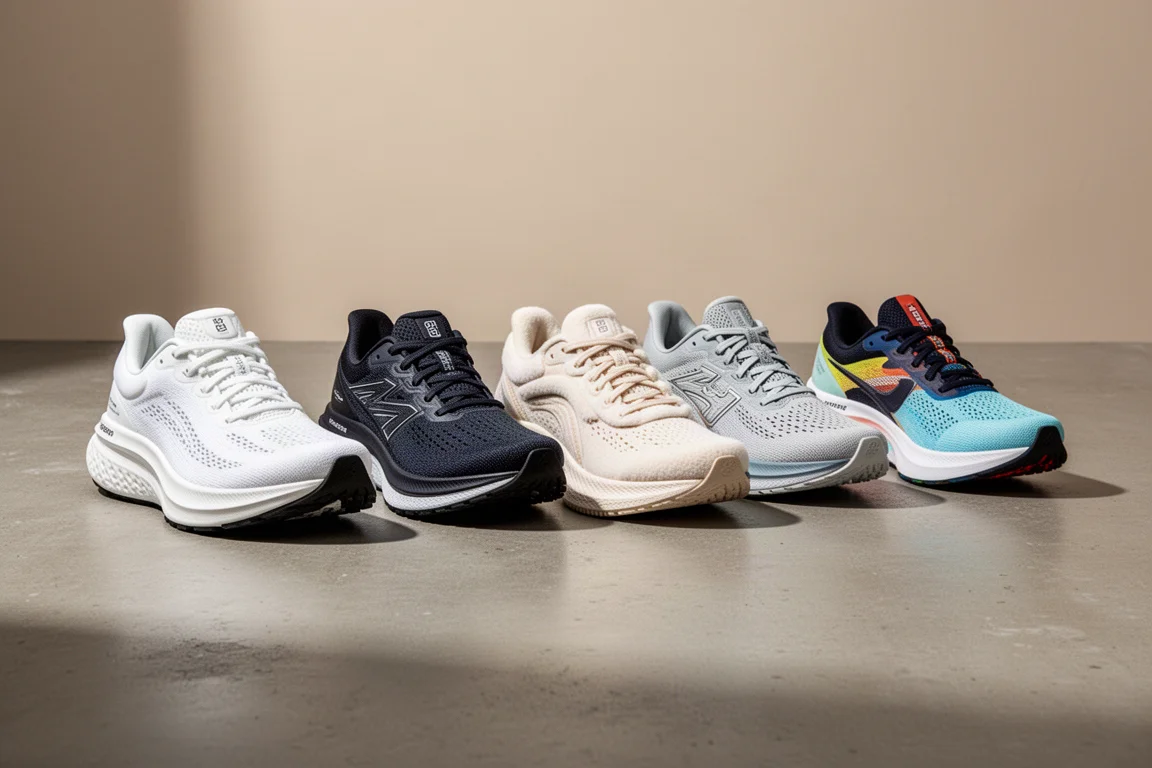 Five daily trainer running shoes arranged on a concrete surface
