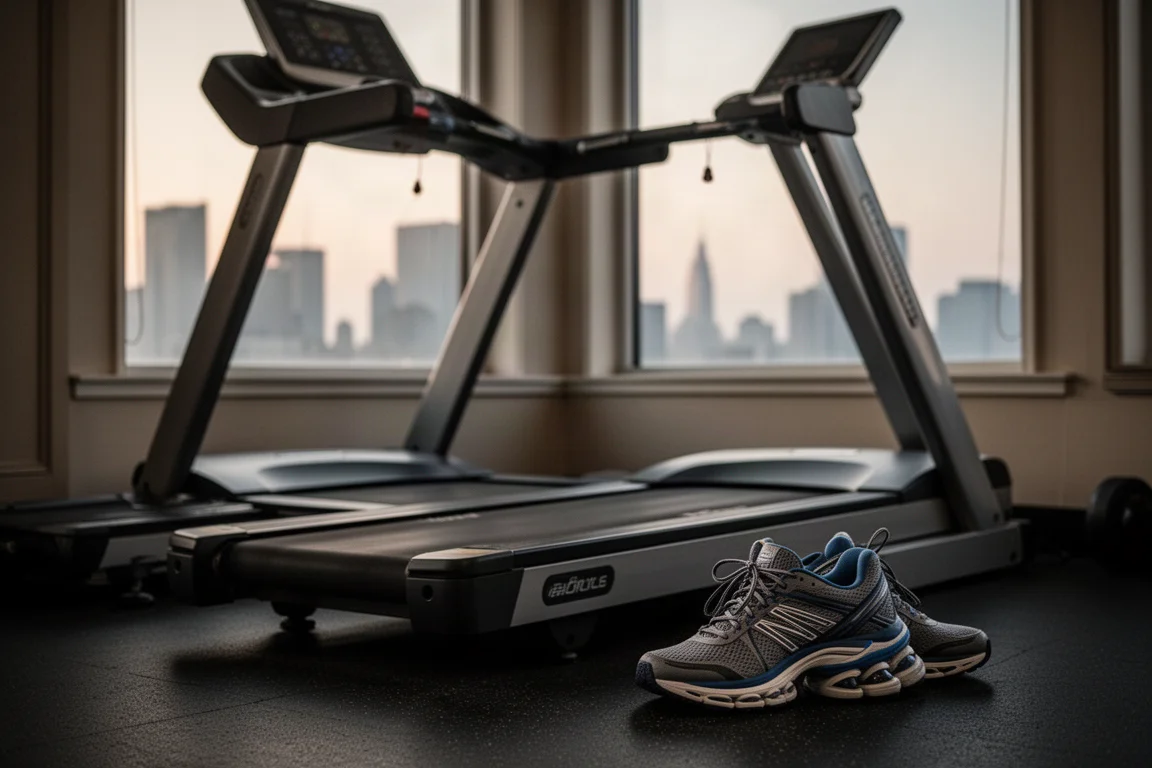 Un corredor mantiene un ritmo constante en una cinta de correr en un gimnasio de hotel con poca luz