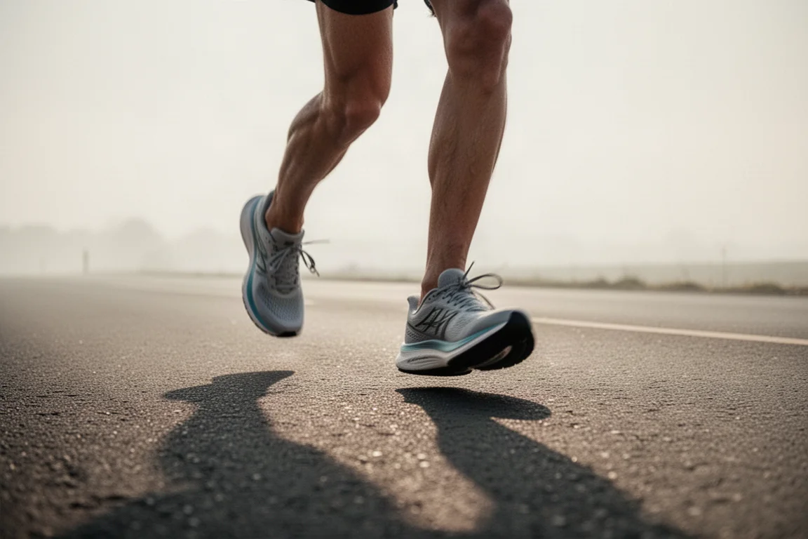 Un coureur trottinant à un rythme régulier sur une route ouverte à la lumière du petit matin