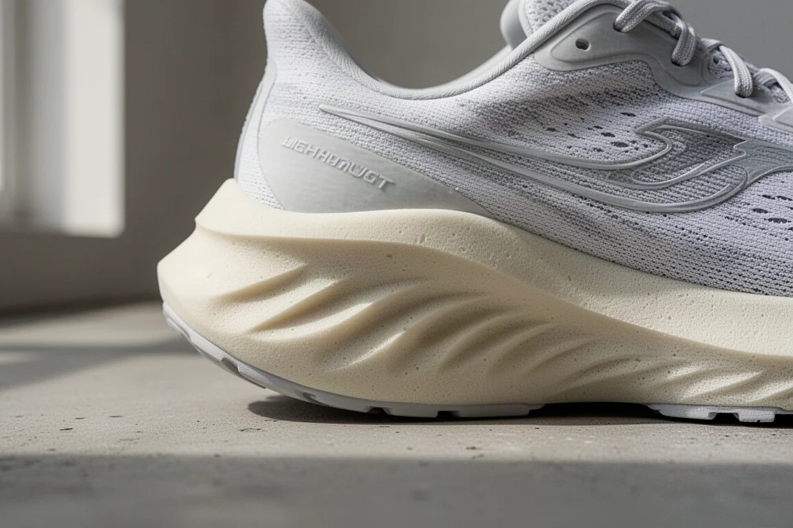 Gros plan sur la semelle intermédiaire d'une chaussure de running montrant les profondes couches de mousse amortissante