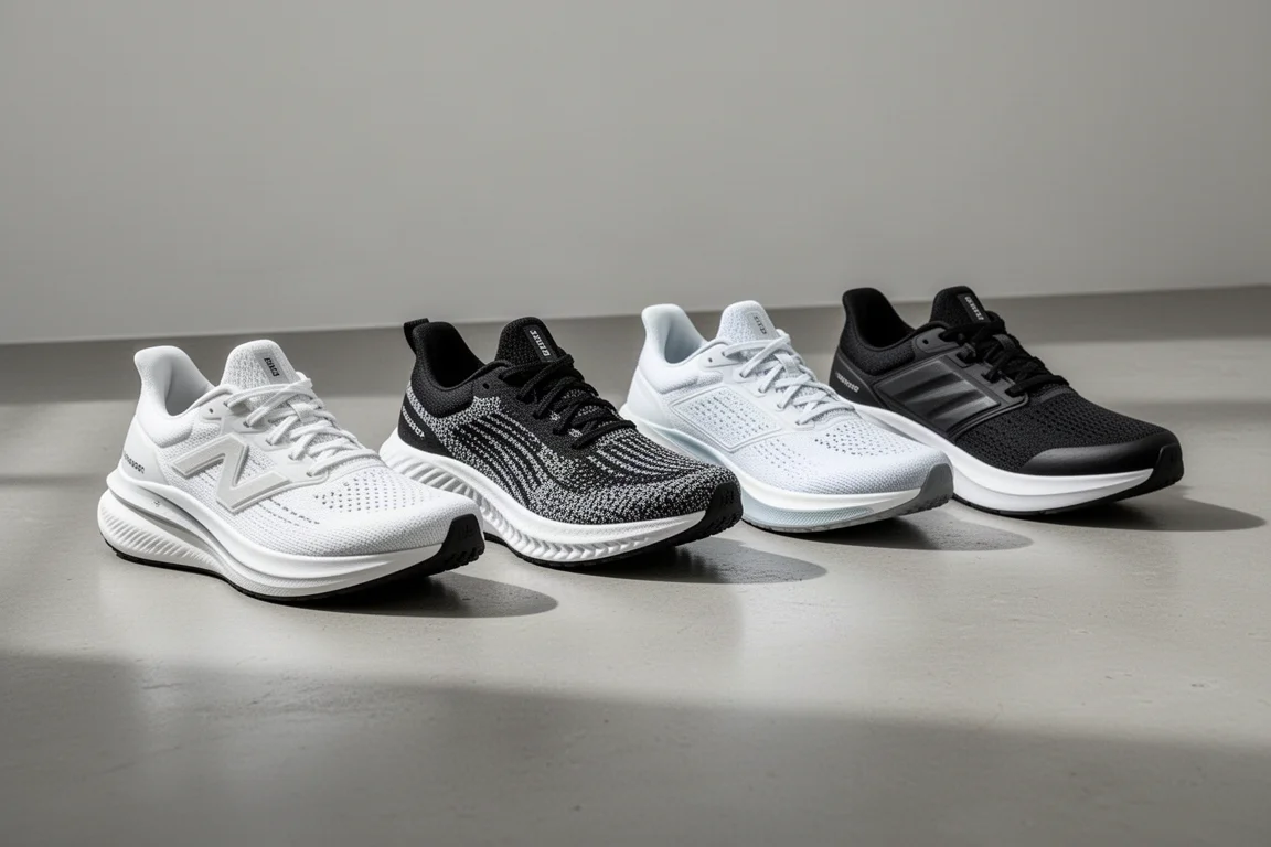 Four running shoes of different styles lined up on a grey concrete floor