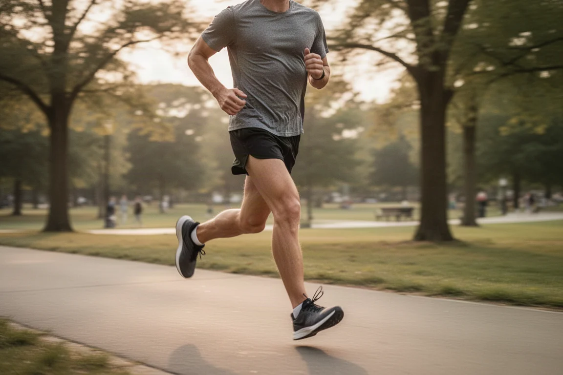 Runner che corre lungo un sentiero asfaltato nella luce del tardo pomeriggio