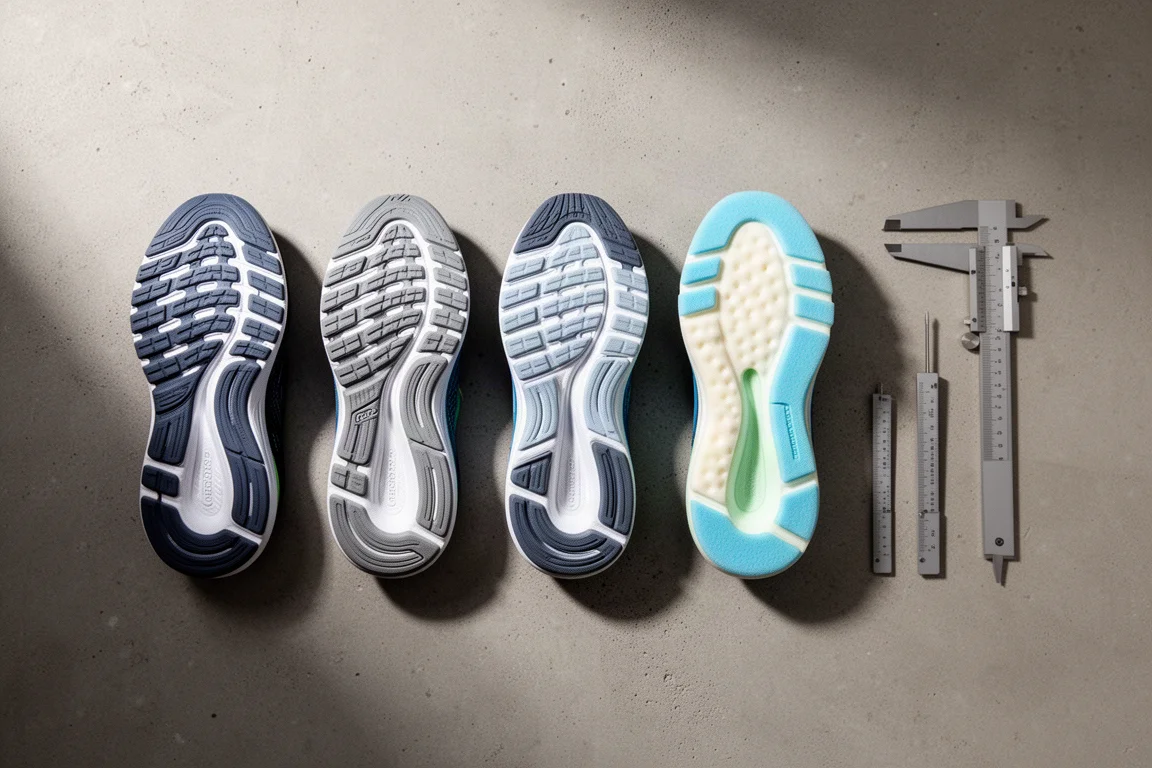 Scatto dall'alto in stile laboratorio delle intersuole delle scarpe da running allineate per il confronto