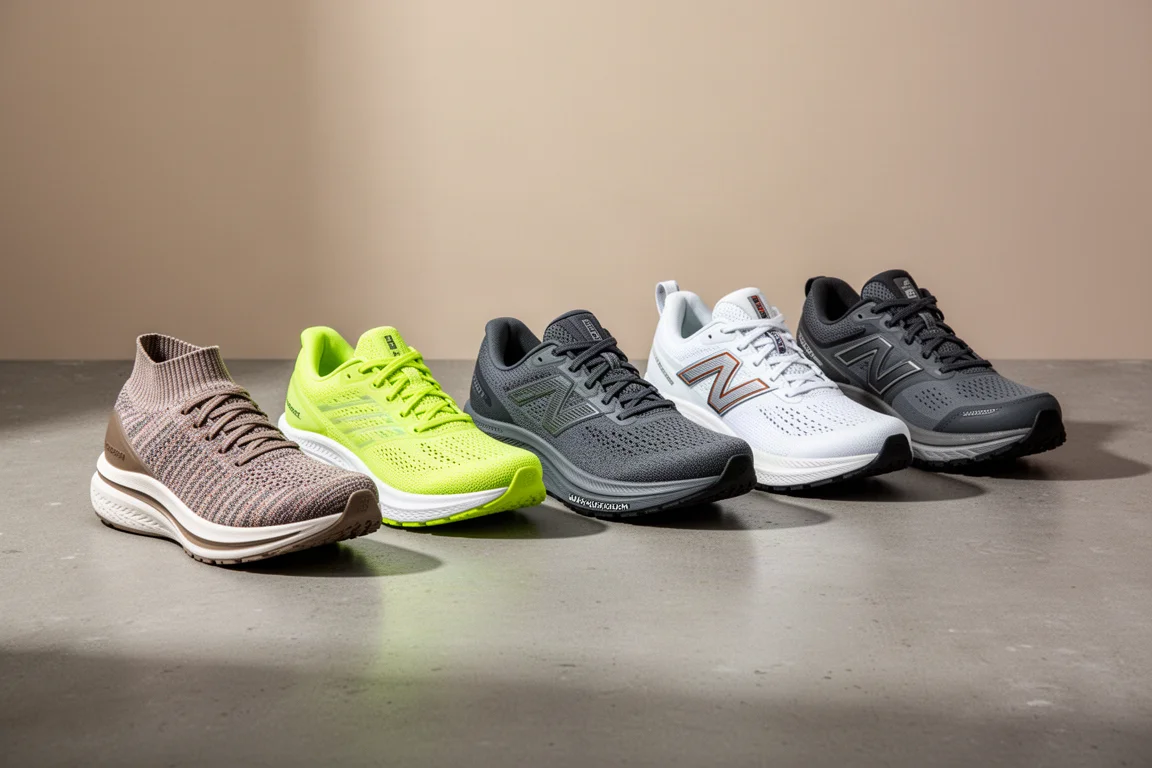 Five cushioned daily trainer running shoes arranged in a row on concrete