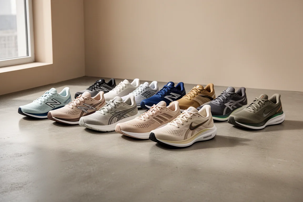 Row of eleven running shoes of varied silhouettes and colorways on a concrete floor