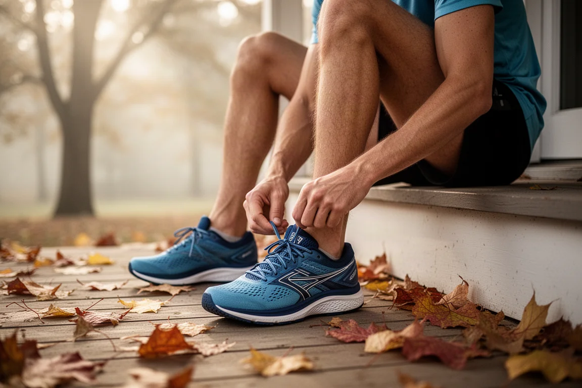 Runner lacing up a running shoe on a porch in soft autumn morning light