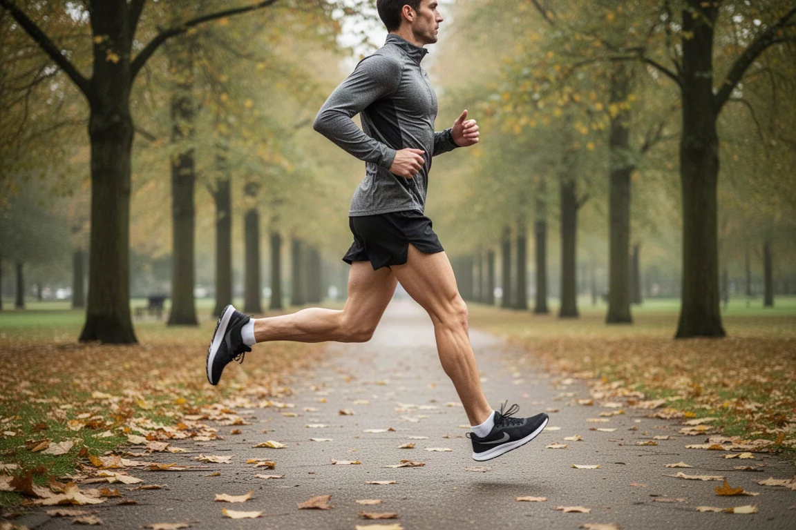 Runner cruising along a tree-lined park path in cool weather