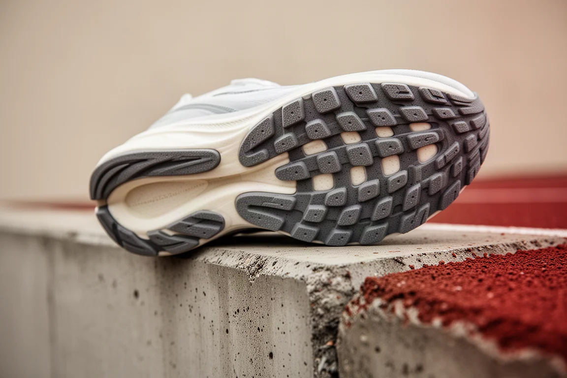 Close-up of a running shoe midsole and outsole on a concrete track edge