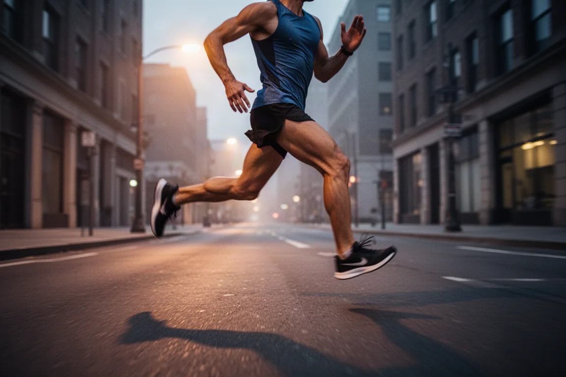 Runner striding at speed on an empty city street at dusk