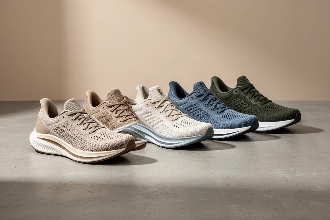 Seven running shoes lined up on a concrete surface