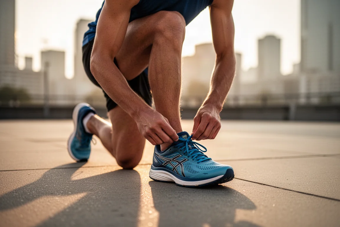 Coureur attachant ses chaussures de running sur un trottoir urbain dans une douce lumière matinale