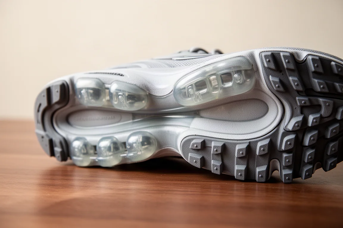 Gros plan sur la semelle intermédiaire amortie d'une chaussure de route montrant des unités de cushioning à air visibles
