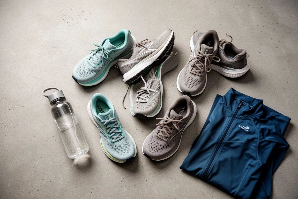 Vue à plat de chaussures de running et d'équipement disposés sur une surface en béton