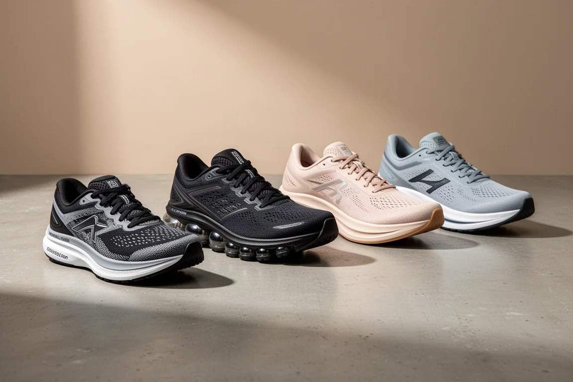 Five road running shoes arranged in a row on a matte concrete surface