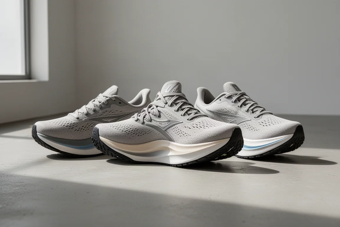 Drei Daily-Trainer-Laufschuhe nebeneinander auf einem Studio-Boden