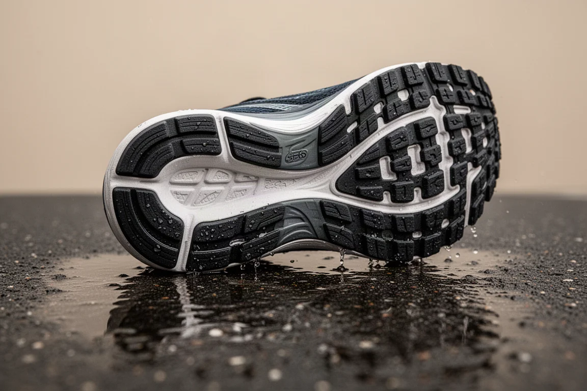 Nahaufnahme einer Laufschuh-Außensohle mit Gummi-Profil auf nassem Asphalt